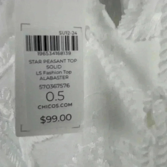 Chico's Women's White Embroidered Star Peasant Blouse Size 0.5 US Size 6 - Picture 11 of 14